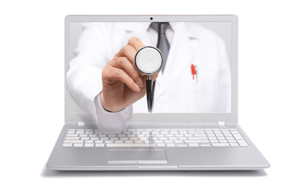 doctor reaching hand through laptop screen with stethoscope