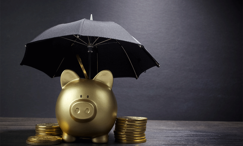 golden piggy bank and coins under umbrella